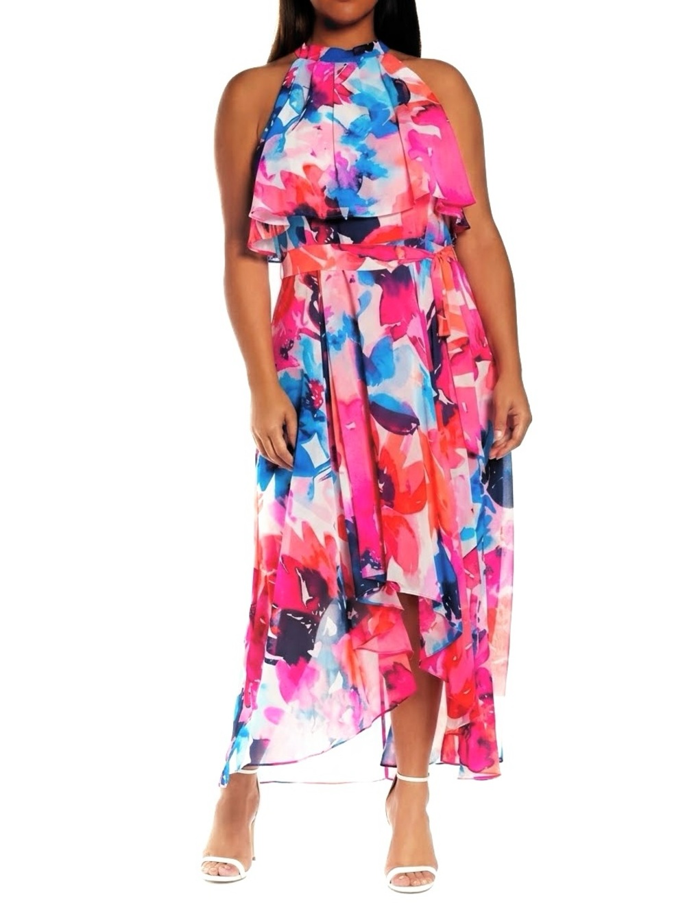 NWT Eliza J Watercolor Floral Halter Popover High-Low Maxi Dress 16W